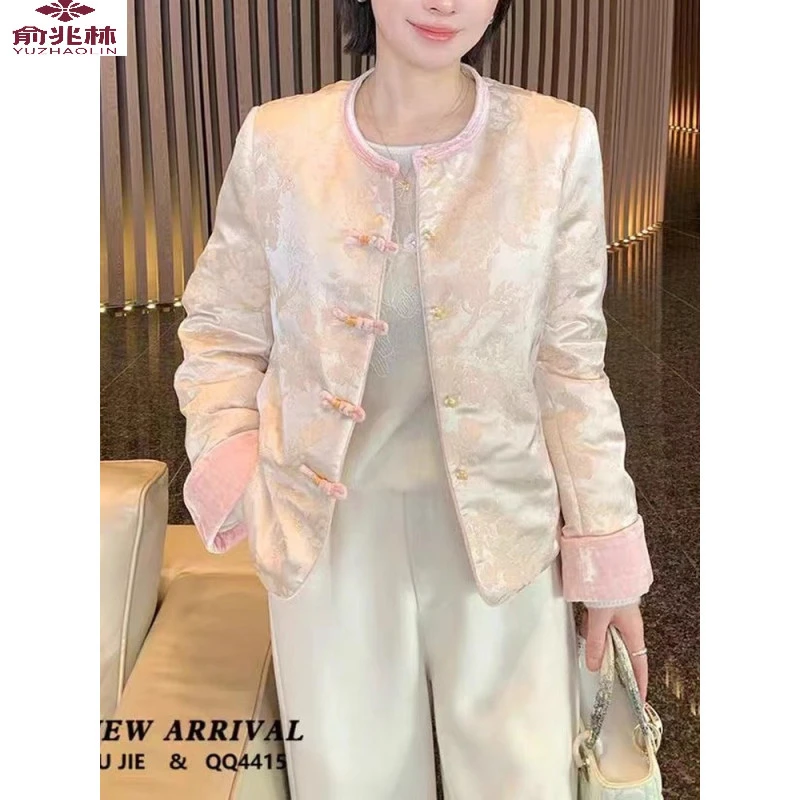 俞兆林秋冬新款加厚保暖圆领棉衣外套女新中式国风圆领提花百搭棉