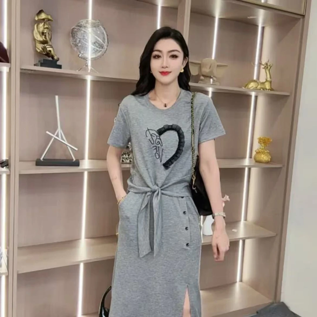 夏季系带三粒扣百搭中长款显瘦时尚洋气开叉休闲连衣裙爱心印花