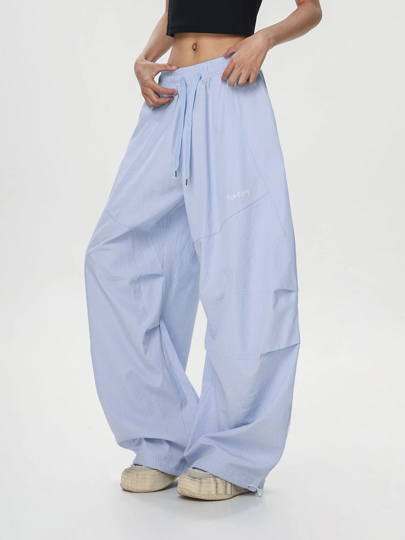 夏日多巴胺条纹休闲运动裤女薄款宽松直筒阔腿hiphop爵士舞工装裤