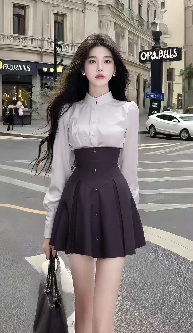 休闲通勤小香风白色立领长袖单排扣衬衫上衣+黑色高腰半裙两件套
