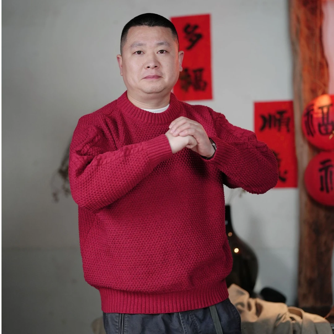 2024冬季新款男士过年大红华夫格纯色圆领毛衣秋冬百搭针织打底衫
