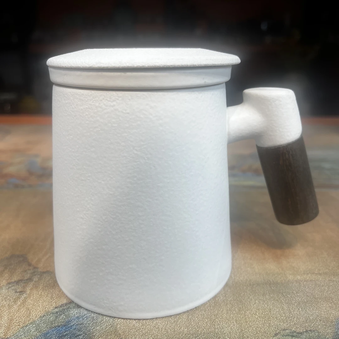 友名陶瓷 纯白木柄把手三件套办公杯家用茶分离杯6413