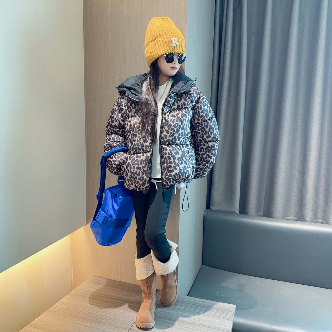 女童豹纹棉服冬装2025新款洋气加厚两面穿棉袄大童冬季棉衣外套潮