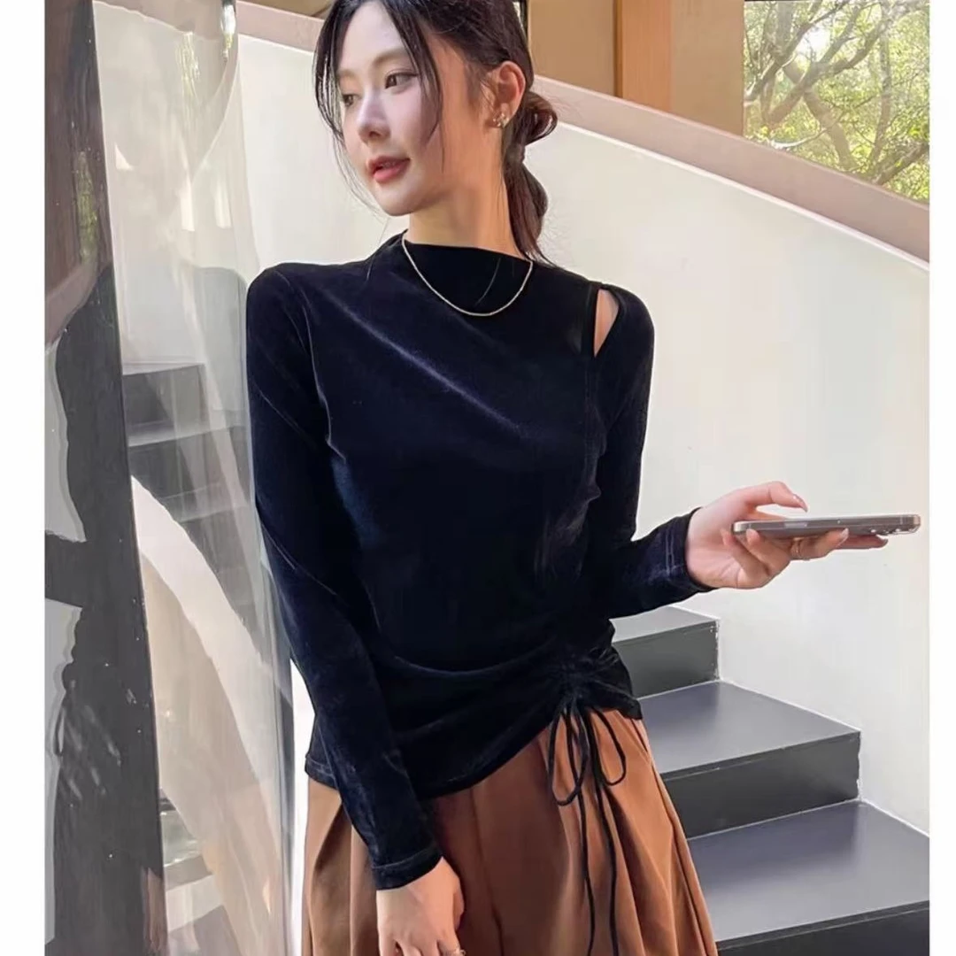 醋酸丝绒老钱风褶皱常规款T恤洋气拼接百搭气质显瘦上衣