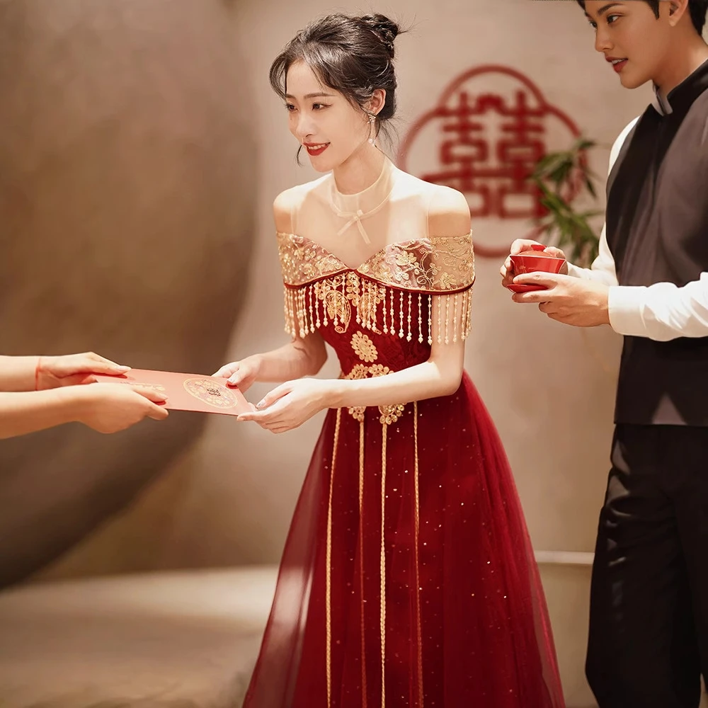 敬酒服新娘2025新款春季酒红色结婚中式秀禾回门礼服厂家货源
