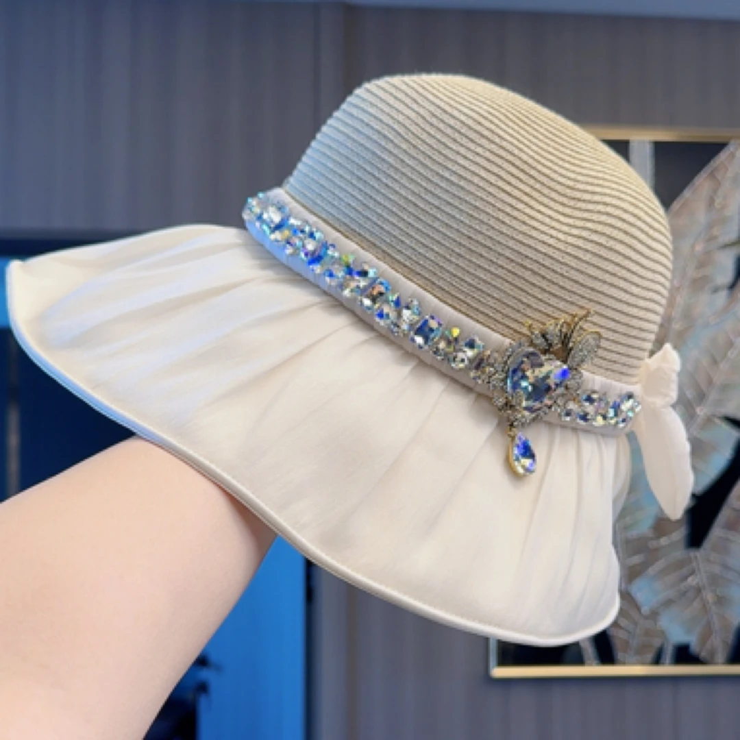 新款优雅渔夫帽沙滩帽亮钻防晒帽遮脸夏天春夏帽子