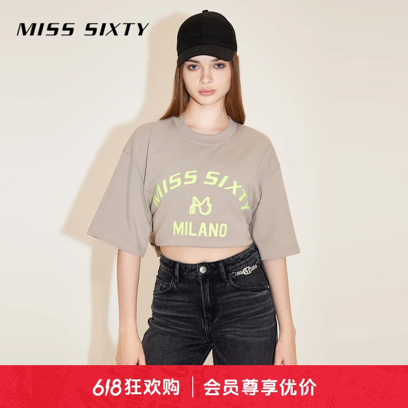 Miss Sixty春季新款T恤女圆领字母印花撞色宽松落肩短袖休闲