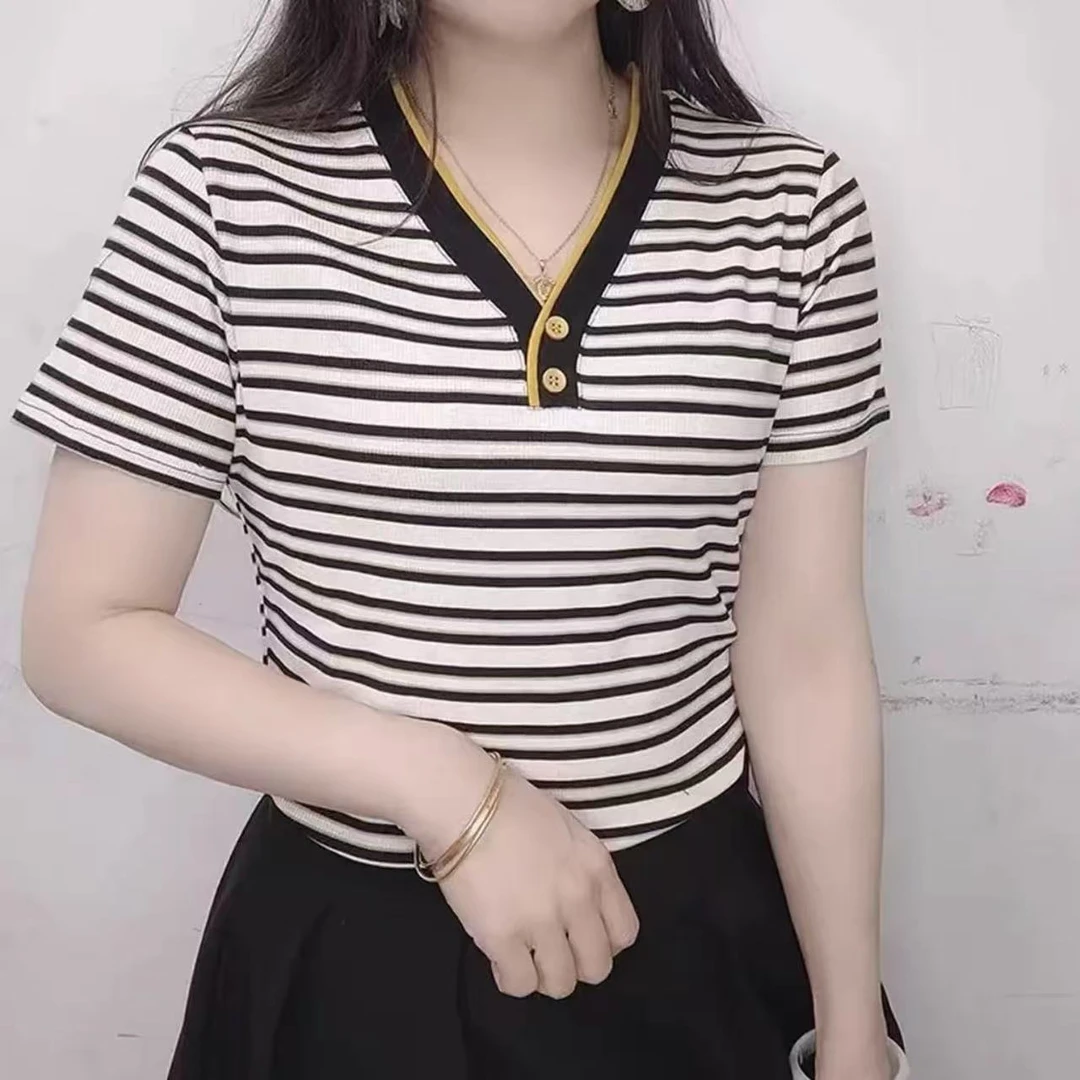 条纹短袖T恤女2025夏季新款韩版时尚V领撞色洋气修身百搭女装上衣