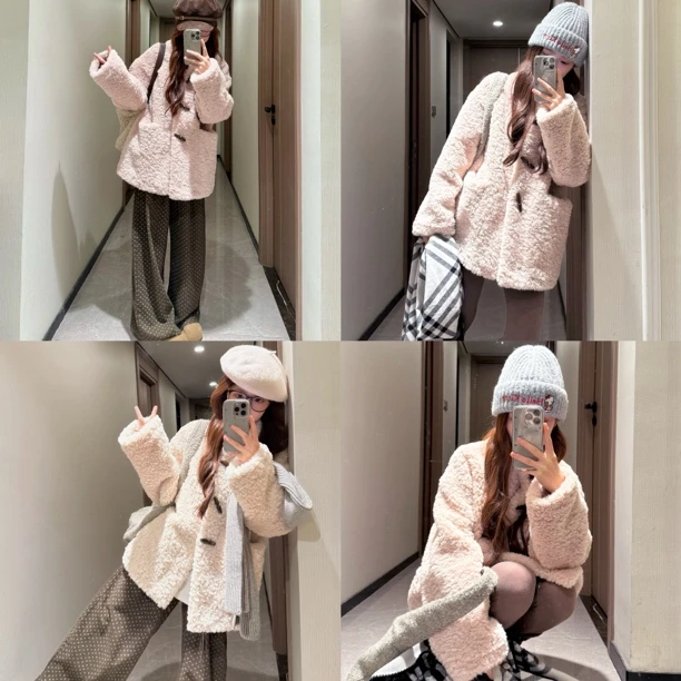 【两色棉花糖】 糯叽叽甜美宽松立领牛角扣女中长款大衣外套