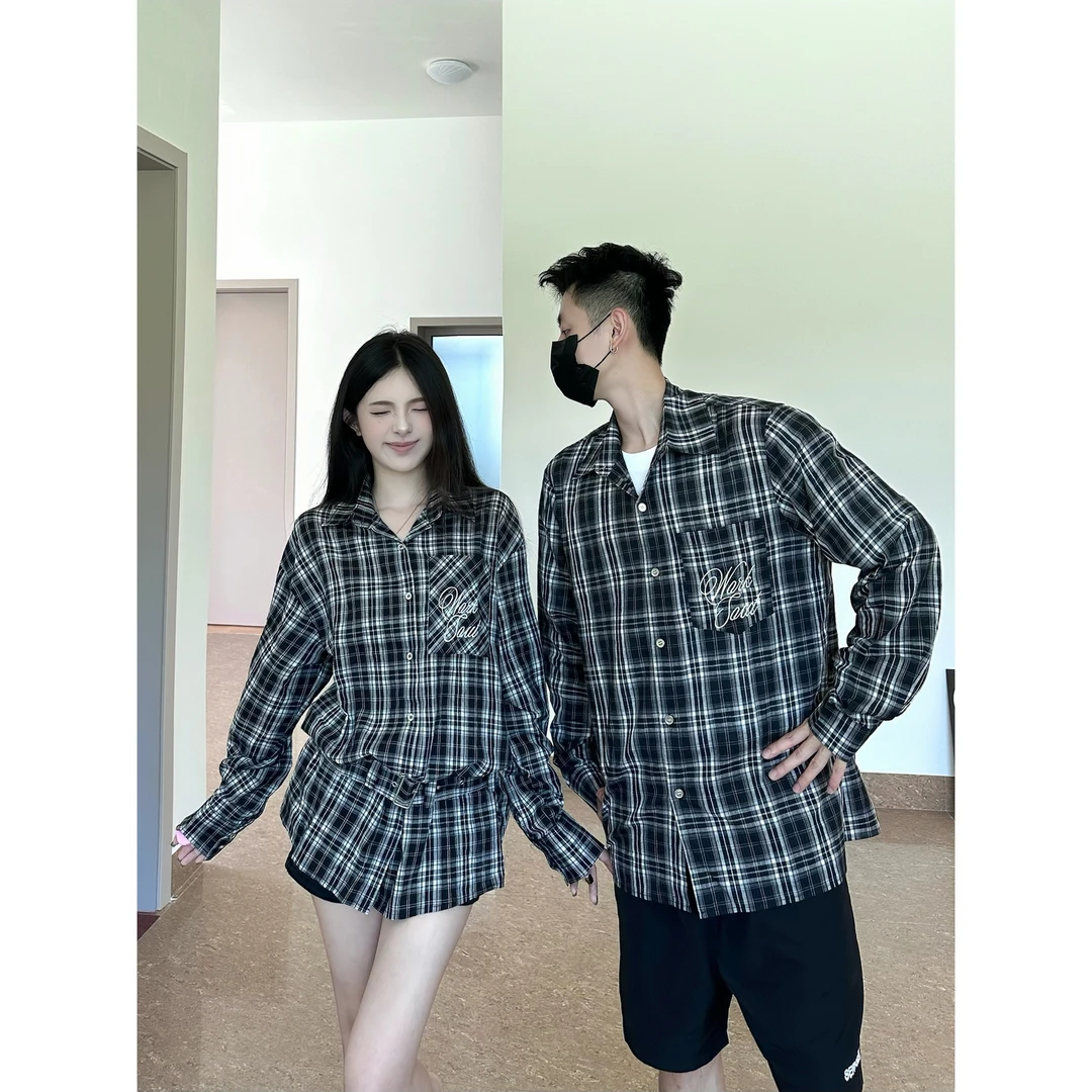 2025秋季新款美式复古长袖格子衬衫连衣裙百搭宽松翻领衬衣情侣装