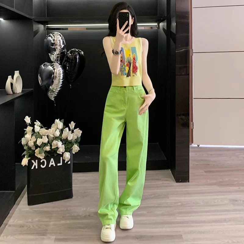 多巴胺超火休闲套装女2025夏爆款时尚炸街减龄背心牛仔长裤两件套