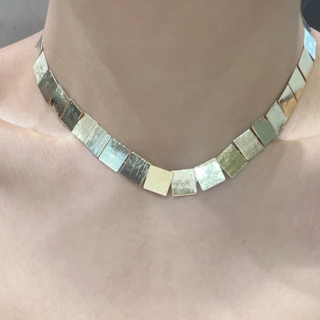 铜合金项链 时尚OL风小众设计款拉丝金色方块项链时髦高级