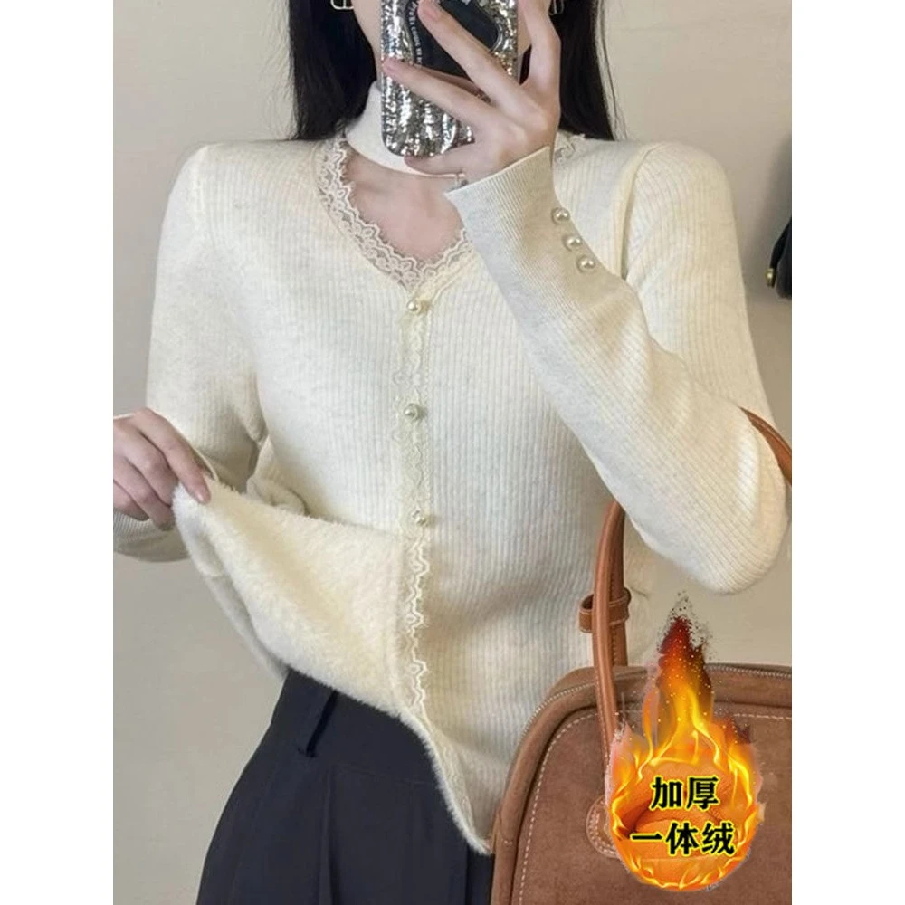 秋冬法式挂脖小心机蕾丝领毛衣女保暖一体绒针织打底衫修身内搭