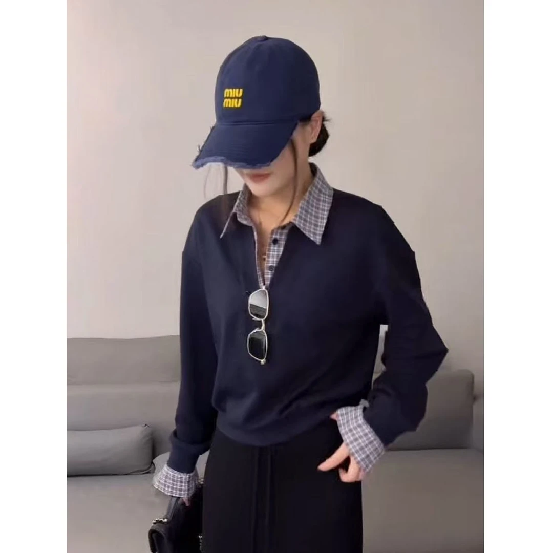 假两件格子领长袖卫衣ZBS33886衣长52（卡码往大拍）