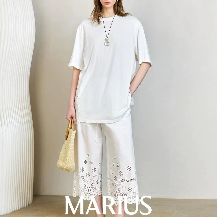 MARIUS“梦里花”镂空面料大廓形T恤透气八分裤