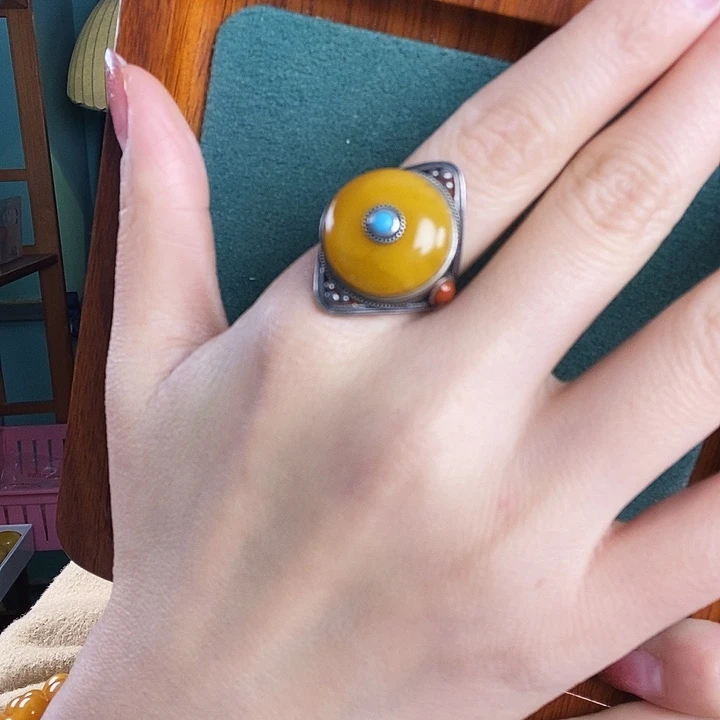 蜜蜡银S925镶嵌戒指戒指