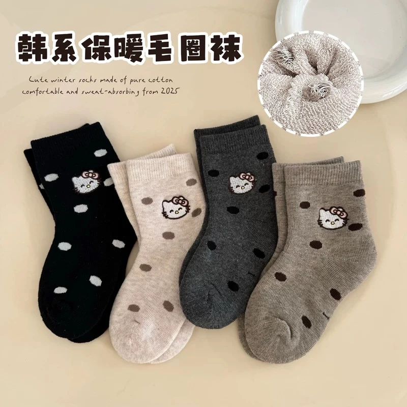 冬天女童袜子绵羊毛中筒袜加厚可爱刺绣韩版猫咪女孩保暖毛圈袜