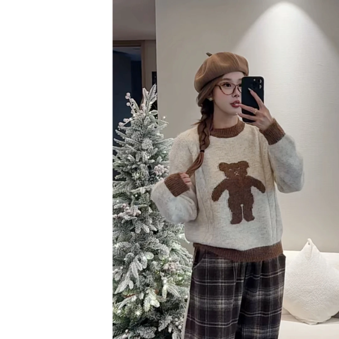 墨迹姐 高个子加长“咖色小熊”撞色卡通毛衣女上衣