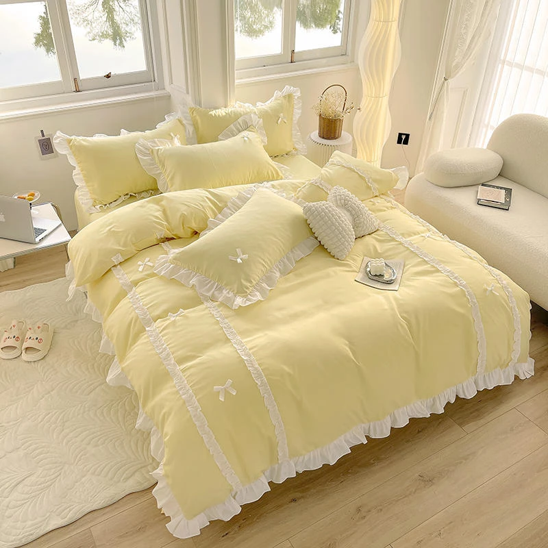 厂家韩系春夏新品纯色蝴蝶结花边韩版公主四件套女生床品批发代发