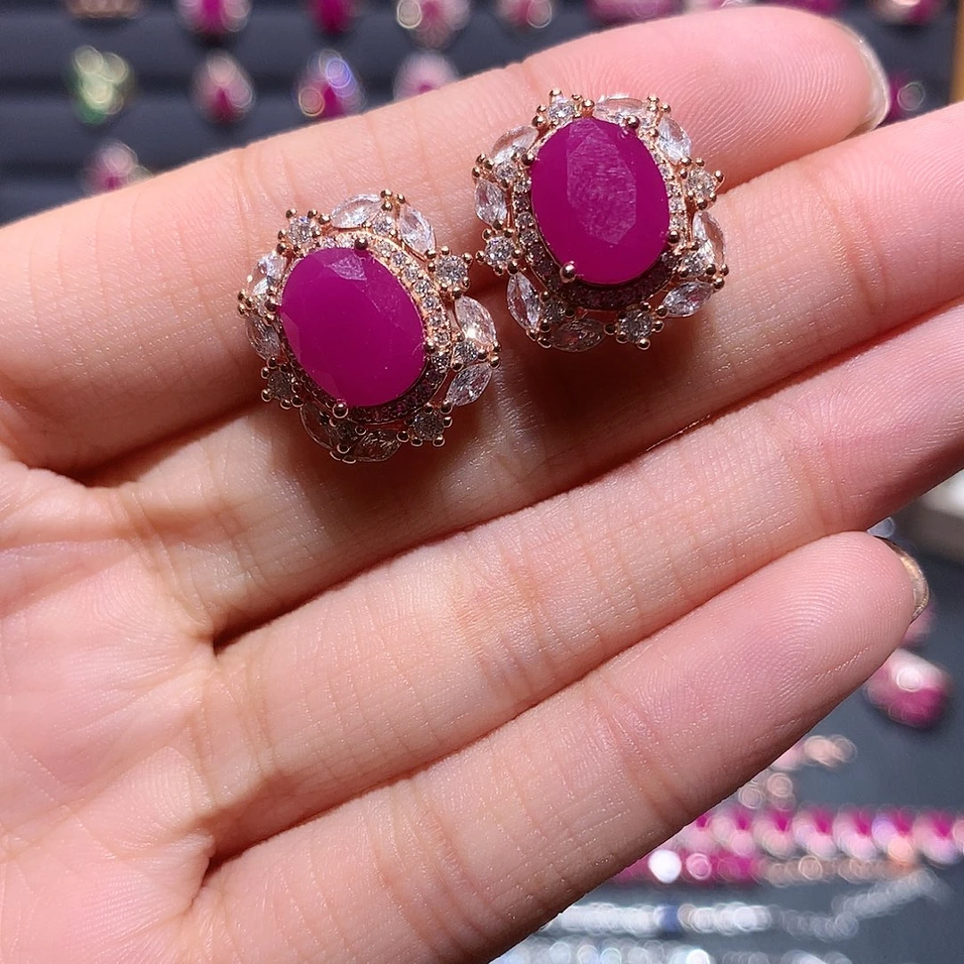 红宝石耳饰银S925镶嵌