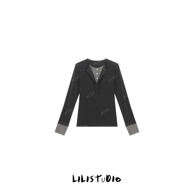 PCNY「简灰格致」不理理冬季新款女装时尚撞色格子修身假两件上衣