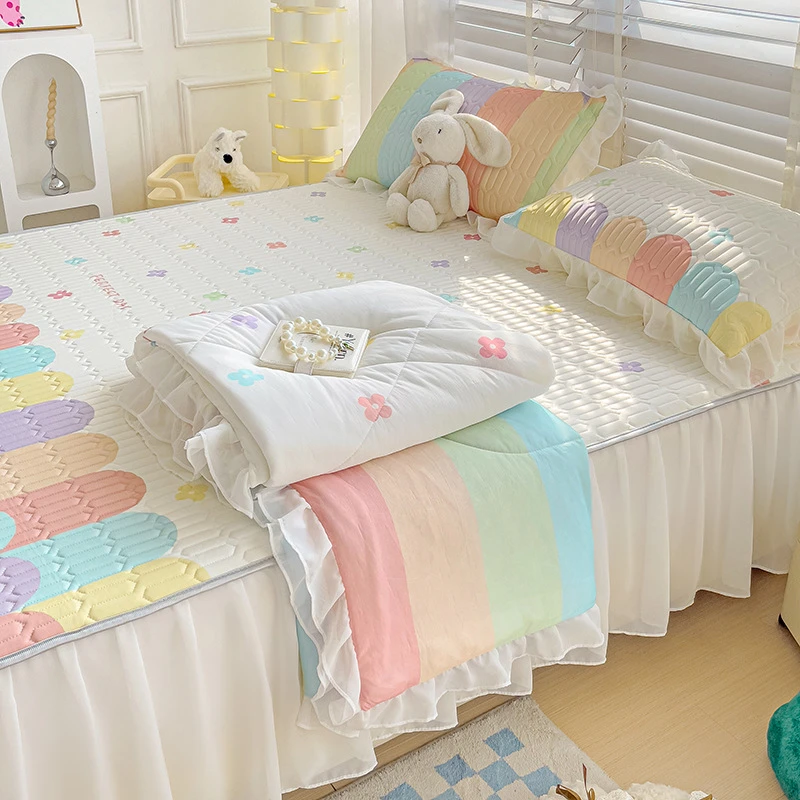 夏季乳胶凉席夏被四件套床裙款冰丝防滑床罩可机洗空调软席三件套