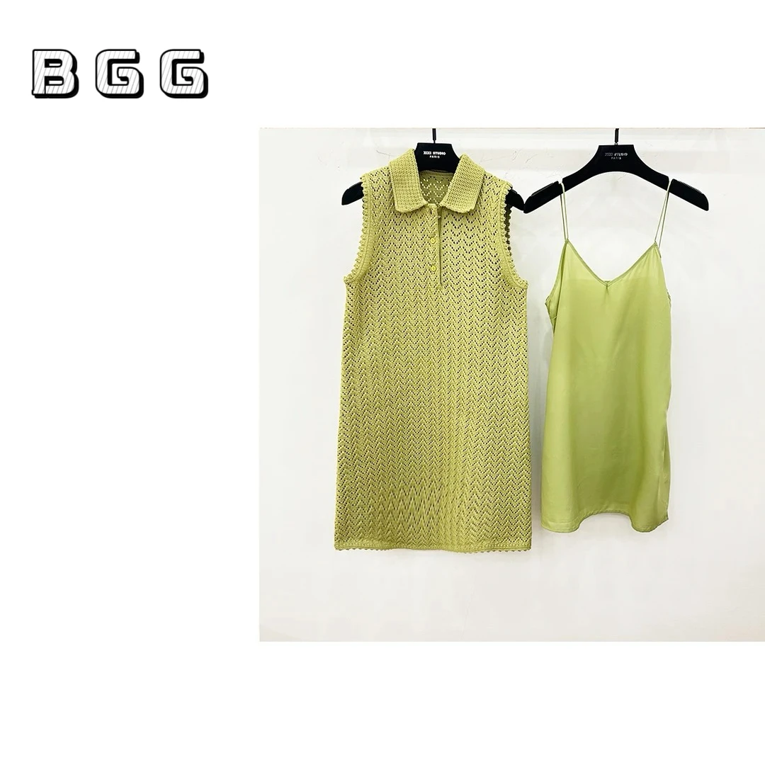 BGG 新款优雅翻领草绿色无袖背心连衣裙配内搭
