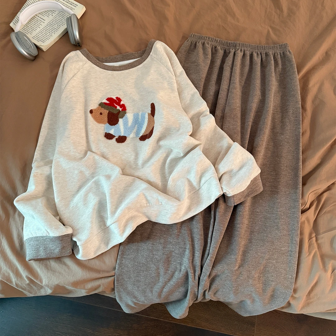 2025年新款韩系小狗睡衣女秋冬季羊绒加厚保暖套头宽松家居服套装