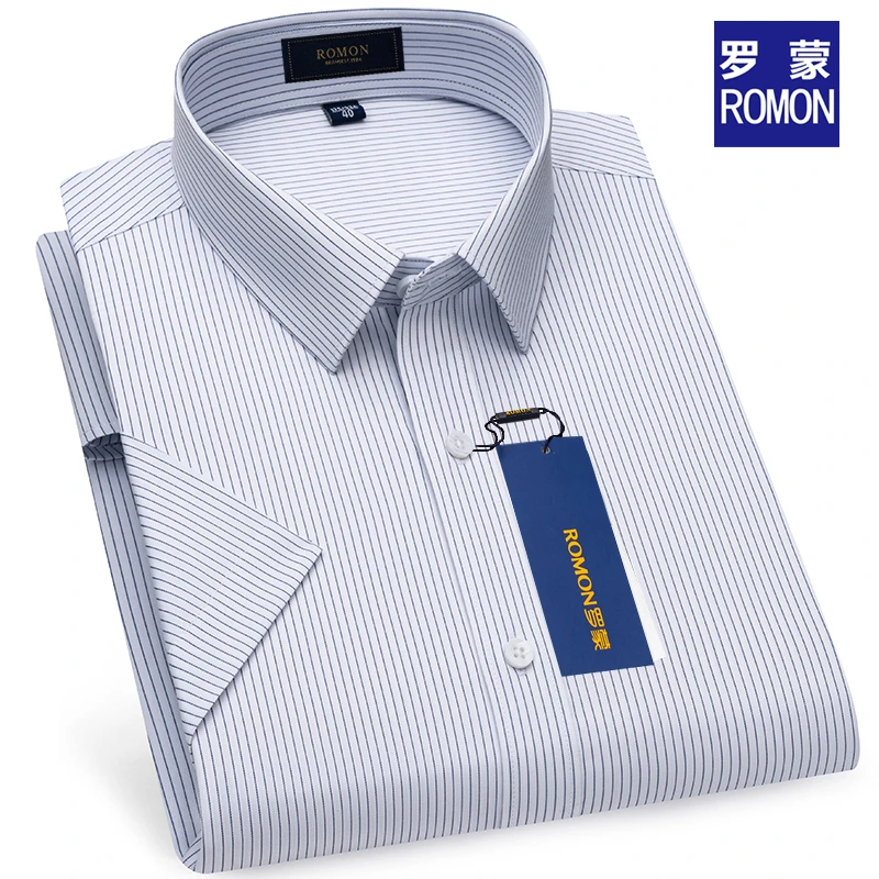 罗蒙高级感男装夏季免烫易打理短袖衬衫纯色条纹款时尚潮流男衬衣