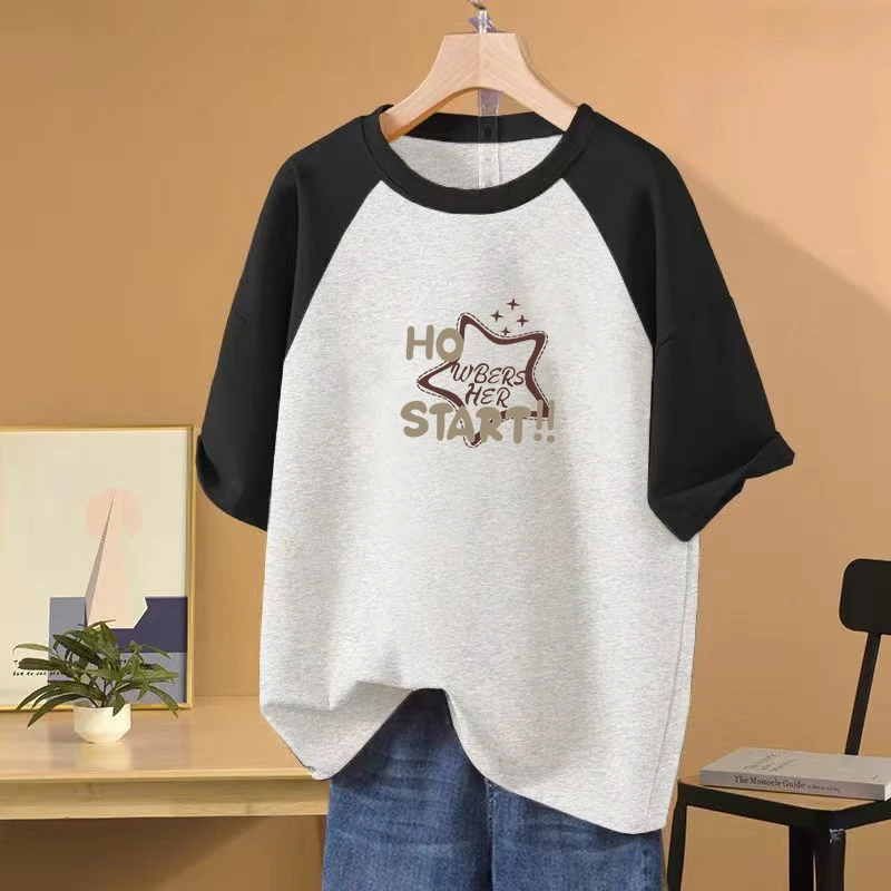 平价女装~外贸清仓大码宽松显瘦遮肉拼接撞色短袖圆领纯棉T恤女夏