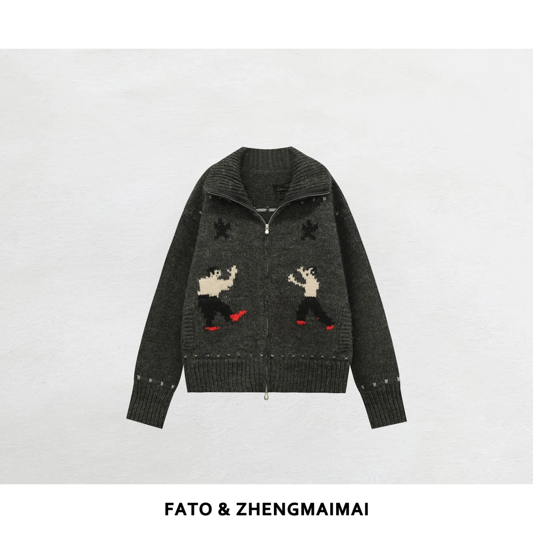 郑买买 功夫人毛衣 秋冬新款卡通提花可爱百搭拉链毛衣 CC51018M5