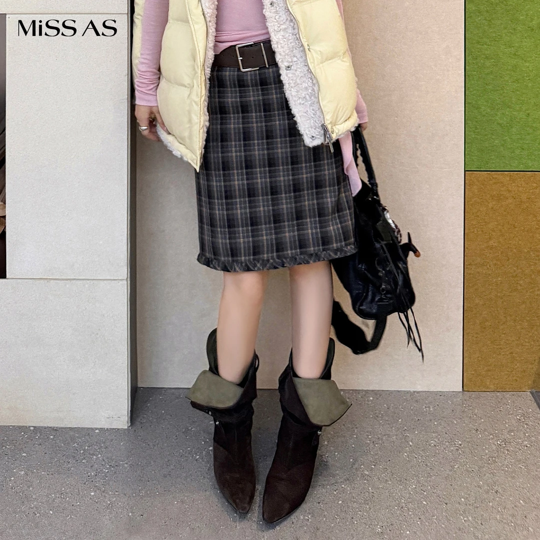 【AVVENN】复古格纹及膝直筒腰带半身裙女款25秋冬新款MISSAS买手店