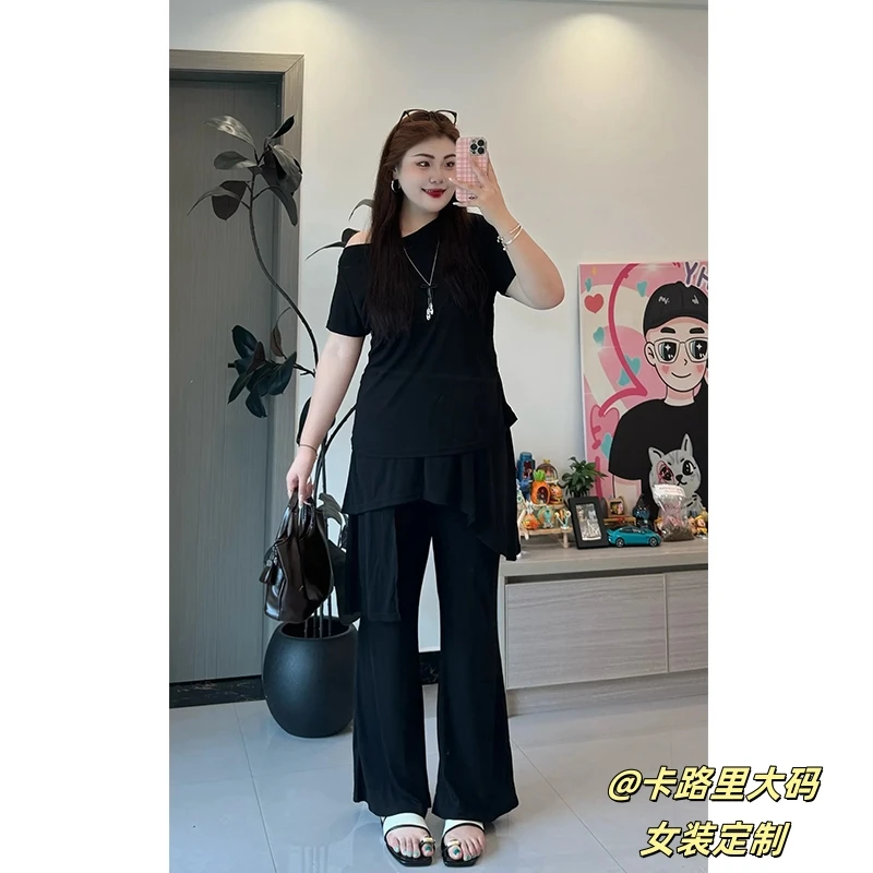 大码夏季斜肩堆褶T恤假两件微喇叭裤两件套6503#