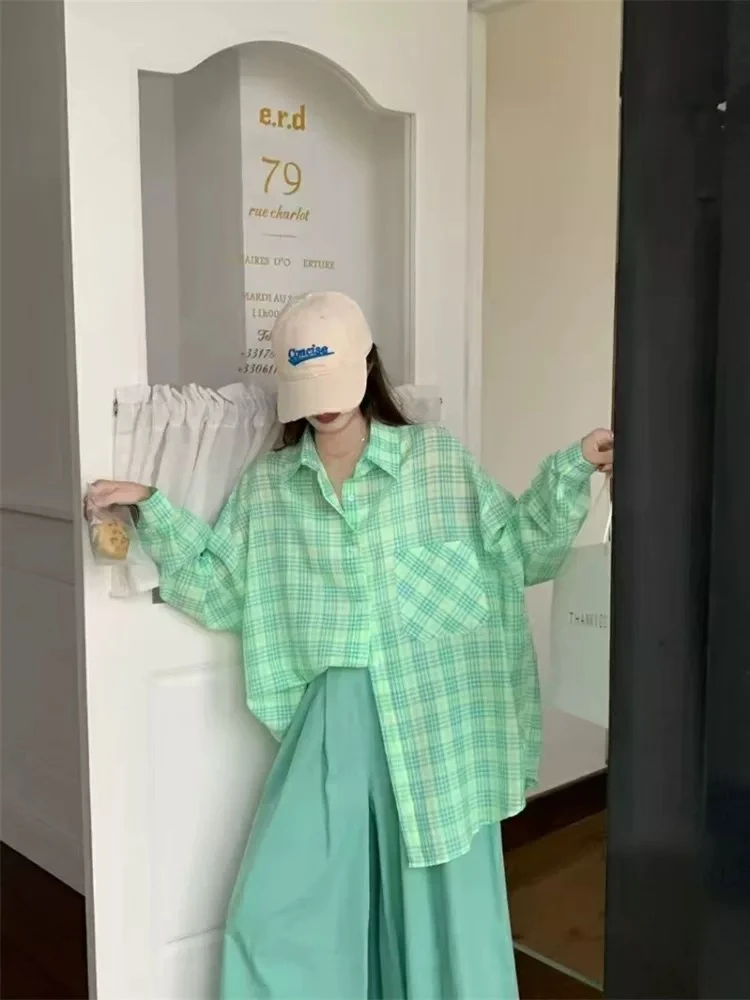 2512小清新复古绿色格纹防晒衬衫女夏季宽松上衣休闲衬衣外套