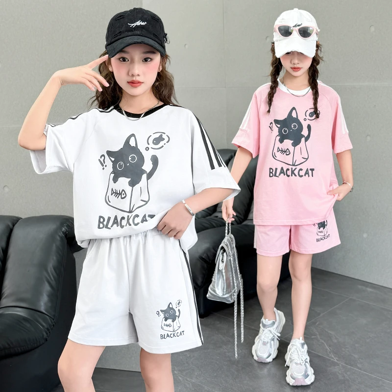 女童甜酷系运动风套装夏季时尚初中生女孩拼色短袖休闲短裤两件套