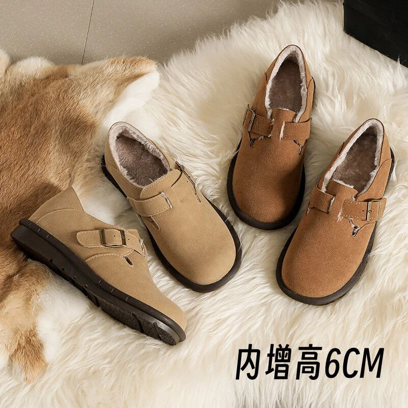 加绒勃肯鞋秋冬2025新款内增高女全包厚底大头鞋真皮小个子豆豆鞋