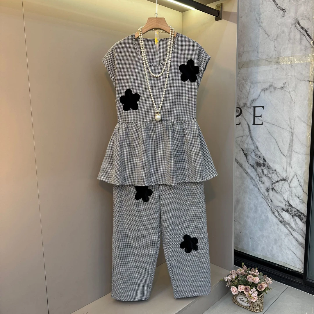 2025欧洲站韩系轻薄格子落肩袖花朵装饰减龄显瘦休闲两件套908