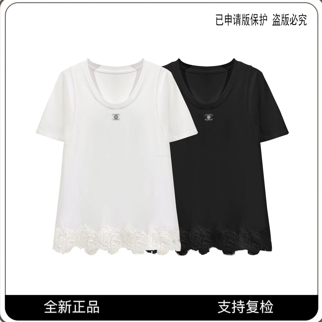 25090#CSIN轻奢简约蕾丝拼接T恤2025春夏显瘦休闲潮流个性上衣