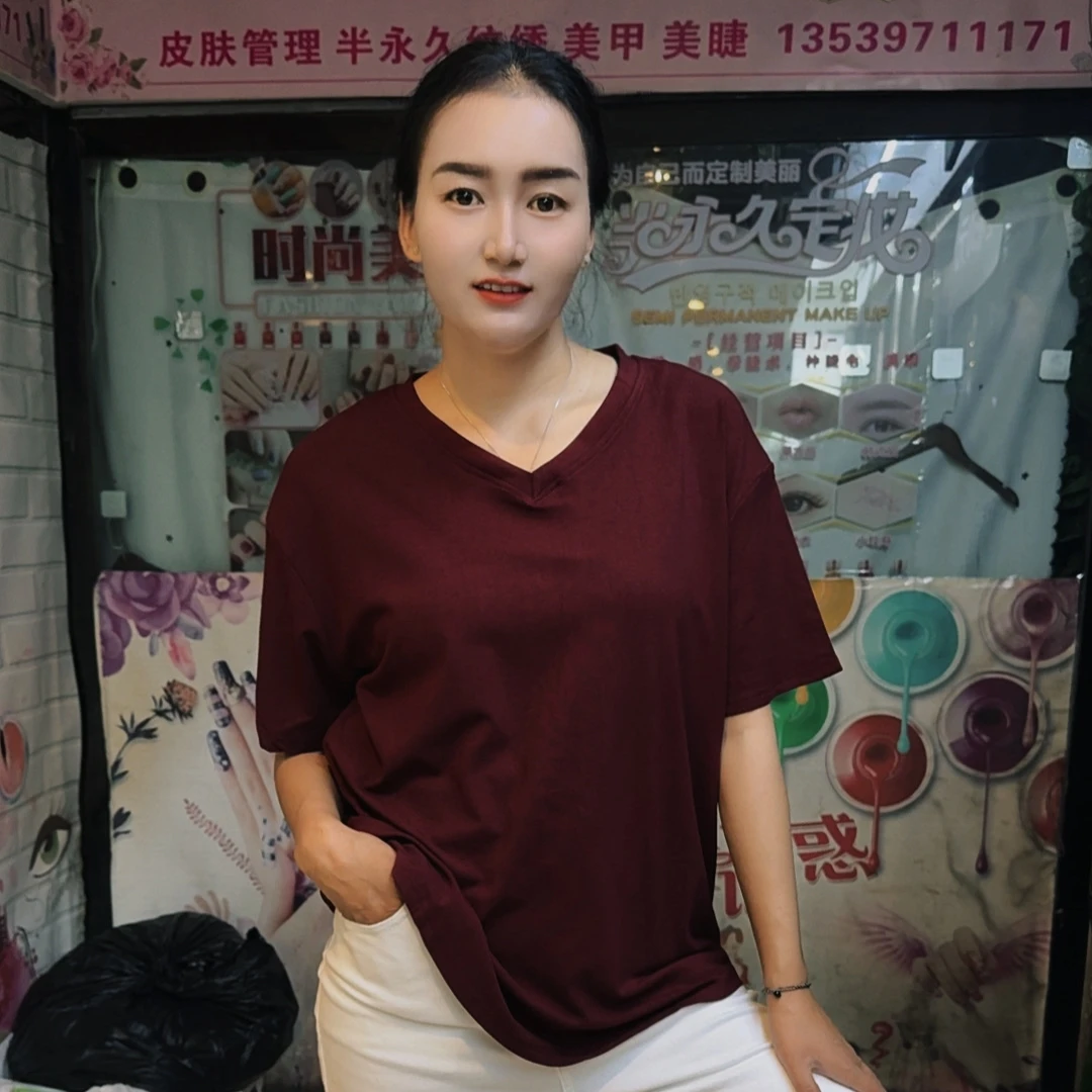 2763V领夏季中袖透气T恤纯色