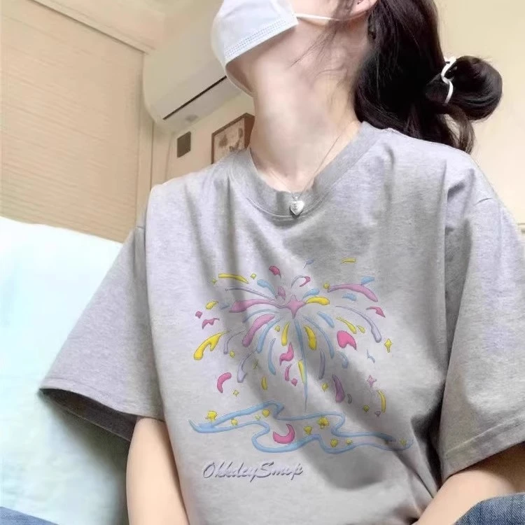 灰色纯棉短袖t恤女2025新款爆款夏季正肩设计感美式宽松半袖上衣