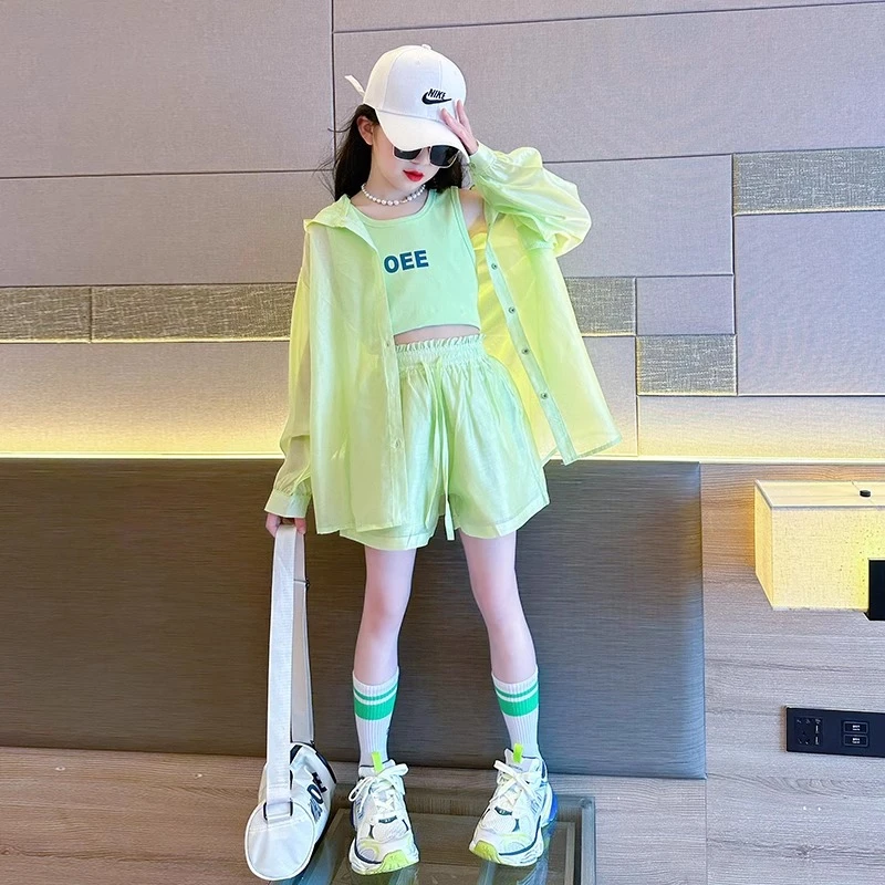 女童防晒套装夏季2025新款网红大童洋气时髦海边夏日穿搭三件套