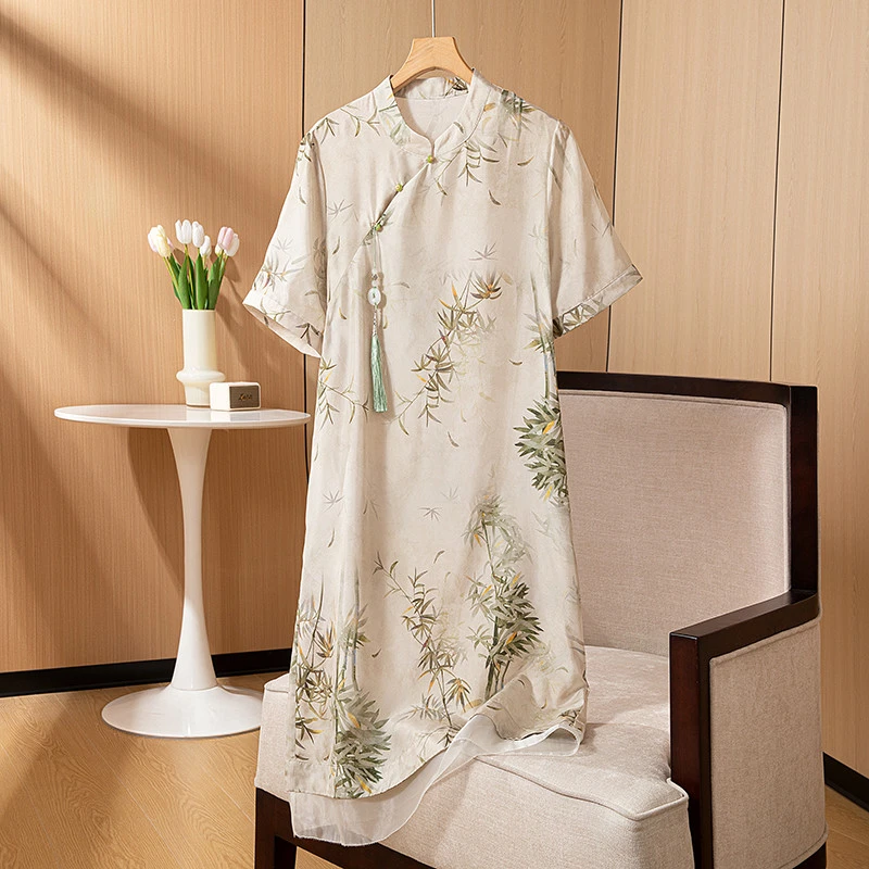 100%桑蚕丝夏季中国风复古连衣裙女装清货