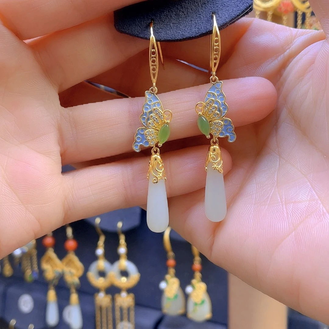 和田玉耳饰银S925镀金镶嵌