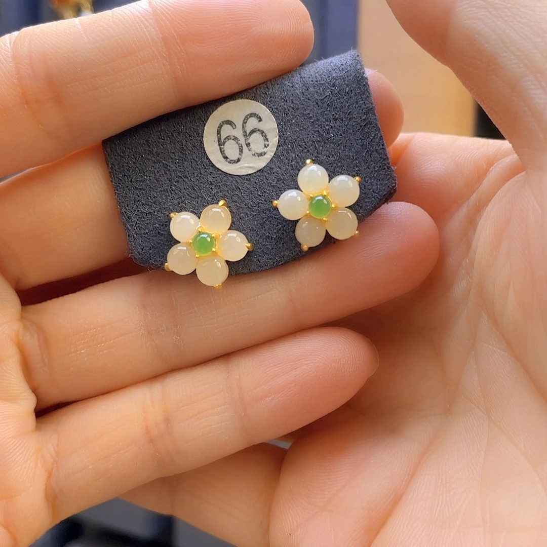 和田玉耳饰银S925镀金镶嵌