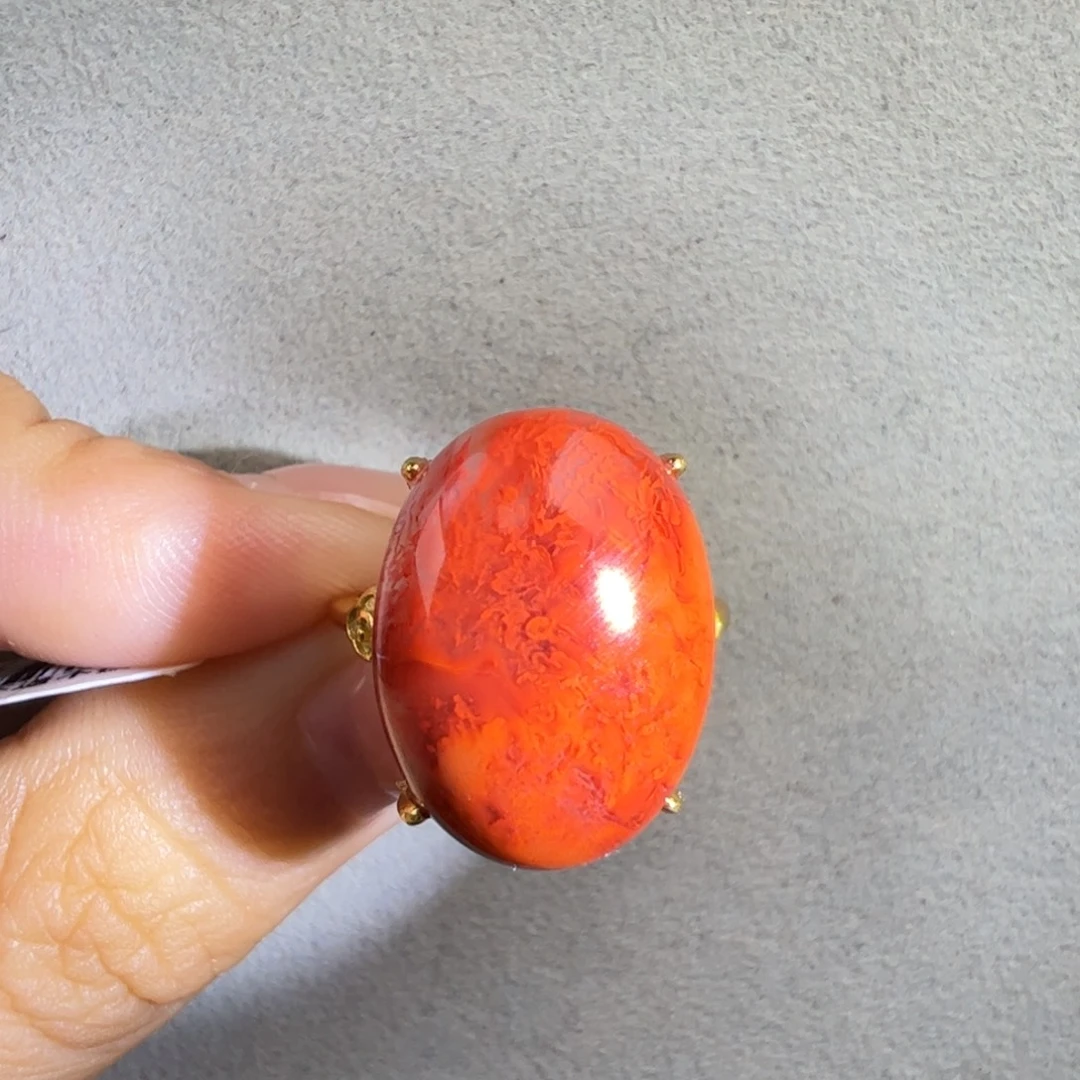 南红玛瑙银S925镶嵌（满肉火焰戒指18*13mm