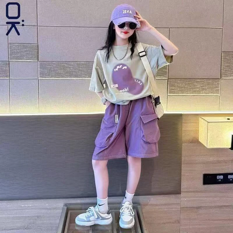 185哈哈家 夏款女童洋气工装裤短袖套装儿童休闲两件套