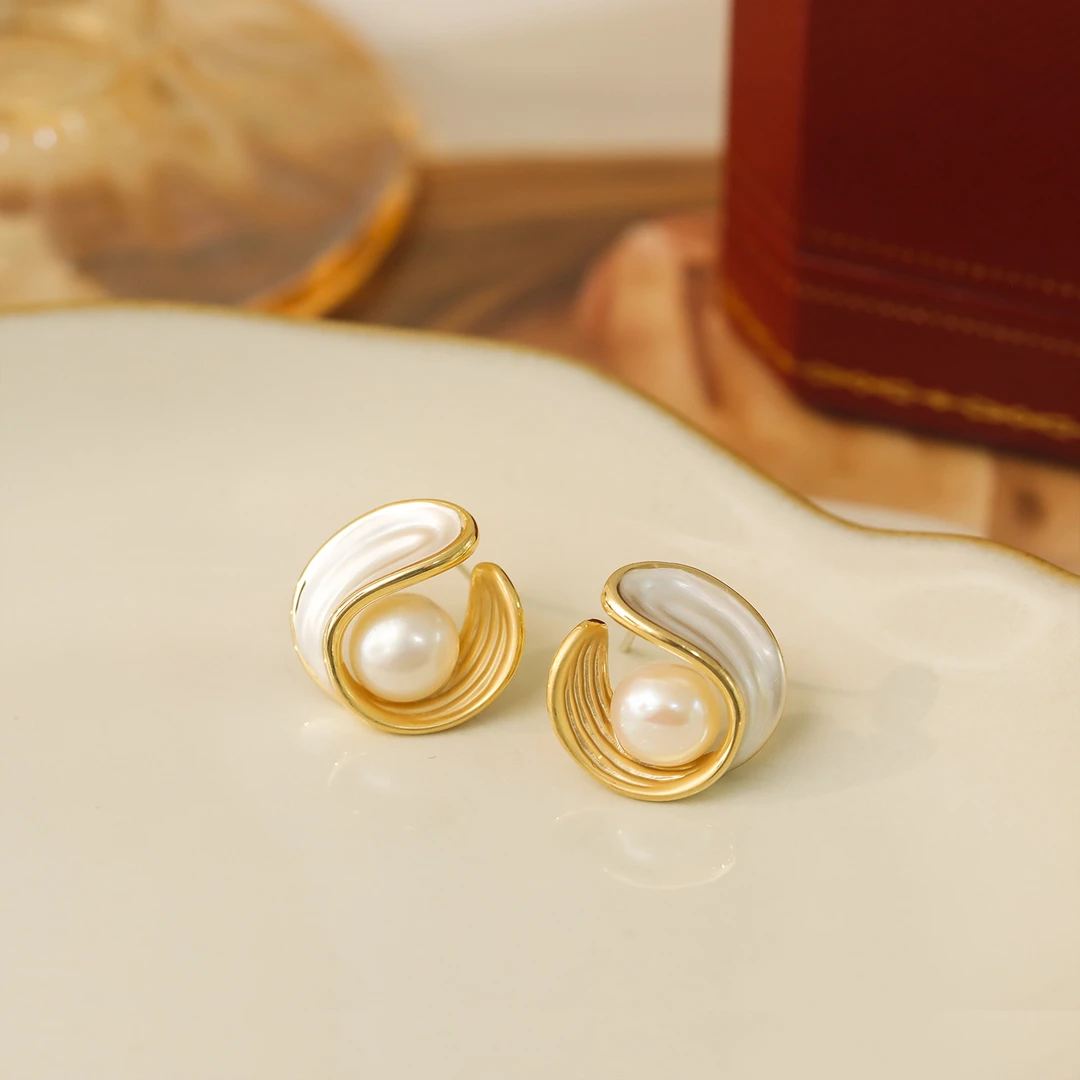 铜合金耳饰 E0705 法式复古风珠子耳钉 莫兰迪高级灰