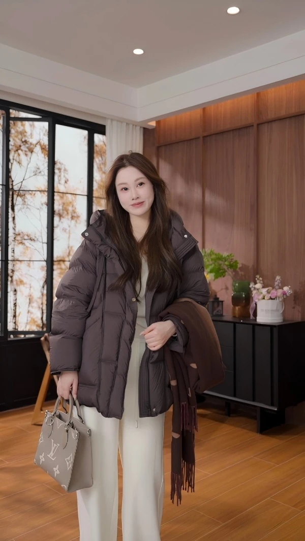 【泡芙】新款连帽大口袋休闲宽松白鸭绒中长款泡芙羽绒服JZFH5311