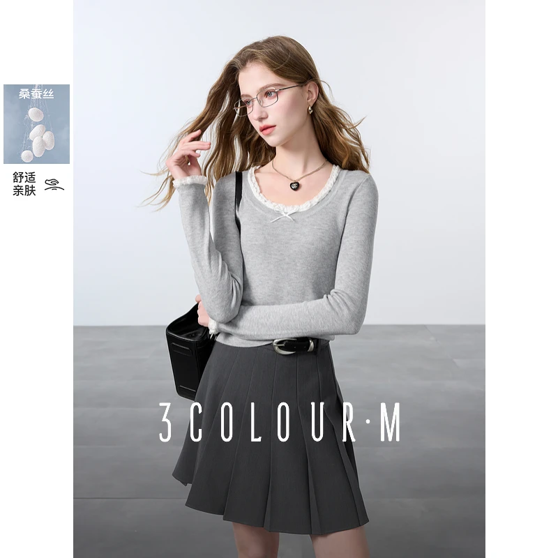 三彩2025春季新款蕾丝花边蝴蝶结针织衫修身圆领长袖羊毛上衣女M