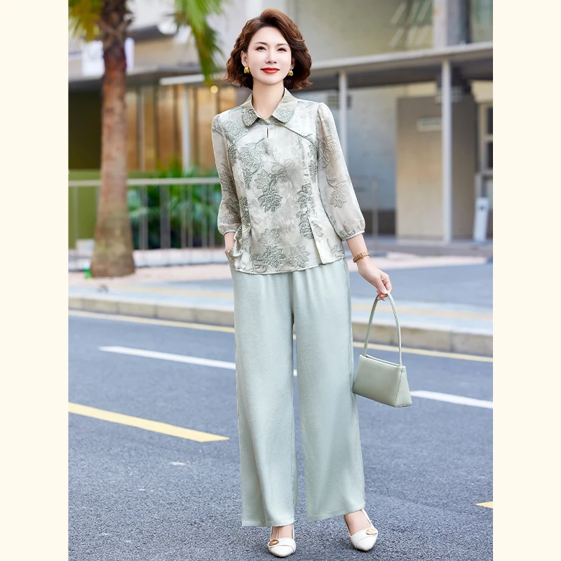 中年妈妈装春夏国风衬衣套装2025新款洋气上衣服中老年女装两件套